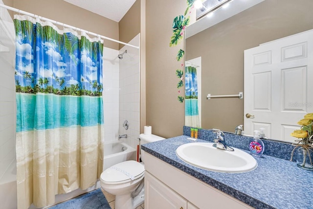 full bathroom with vanity, shower / bath combo with shower curtain, and toilet