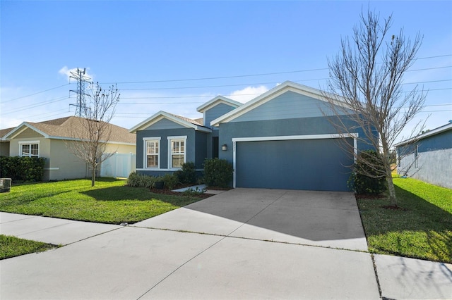 single story home with a front lawn and a garage