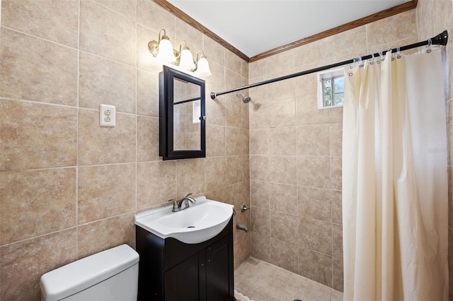 bathroom with ornamental molding, a shower with curtain, vanity, toilet, and tile walls