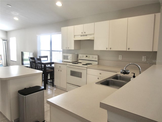 kitchen with white cabinetry, sink, kitchen peninsula, white appliances, and light tile patterned flooring