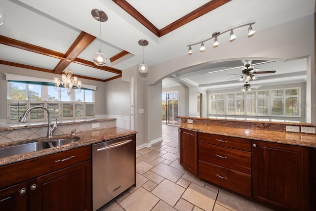 kitchen with pendant lighting, a healthy amount of sunlight, sink, and stainless steel dishwasher