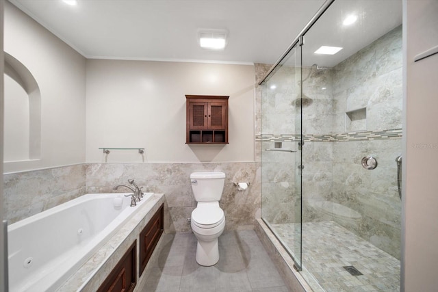 bathroom with separate shower and tub, tile walls, toilet, crown molding, and tile patterned flooring