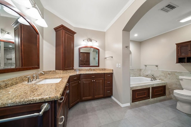 bathroom featuring toilet, a bath, vanity, crown molding, and tile patterned flooring