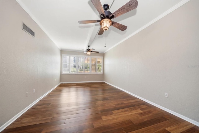 unfurnished room featuring crown molding, dark hardwood / wood-style floors, and ceiling fan