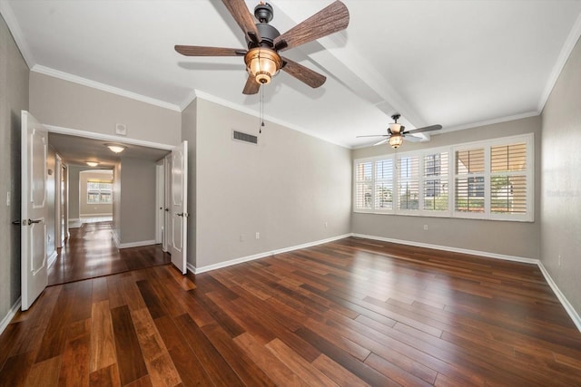 spare room featuring ceiling fan, ornamental molding, and dark hardwood / wood-style flooring