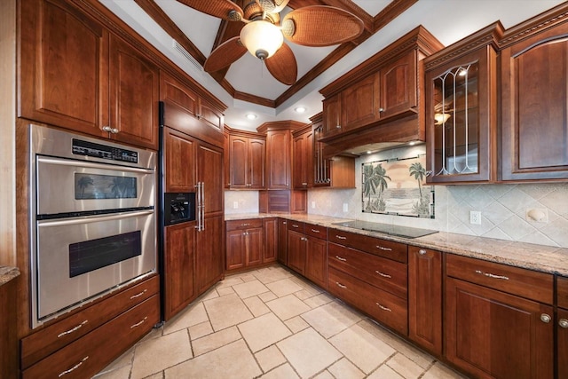 kitchen with ornamental molding, double oven, backsplash, and black electric cooktop