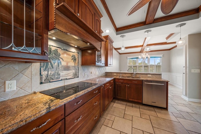 kitchen with black electric stovetop, decorative backsplash, sink, decorative light fixtures, and stainless steel dishwasher