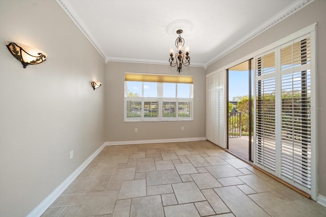 unfurnished room with a notable chandelier and ornamental molding