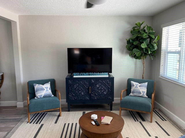 living area featuring hardwood / wood-style flooring and a textured ceiling