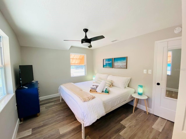 bedroom featuring ceiling fan and dark hardwood / wood-style flooring