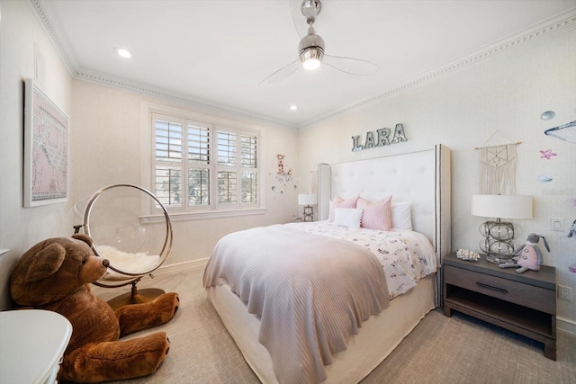 carpeted bedroom featuring a ceiling fan, recessed lighting, crown molding, and baseboards