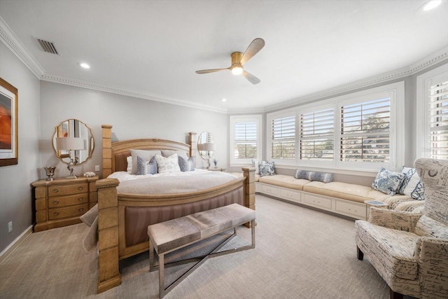 bedroom featuring light carpet, ornamental molding, a ceiling fan, and recessed lighting