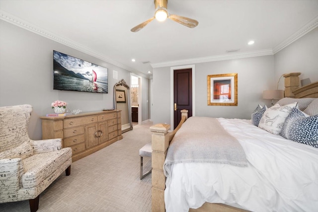 bedroom featuring recessed lighting, ornamental molding, and light colored carpet