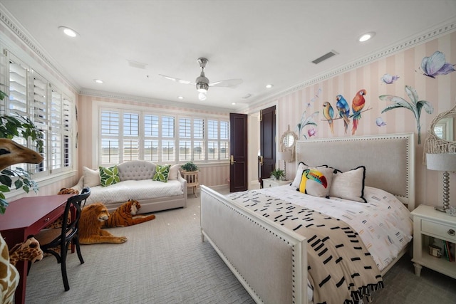 bedroom with wallpapered walls, visible vents, carpet, crown molding, and recessed lighting