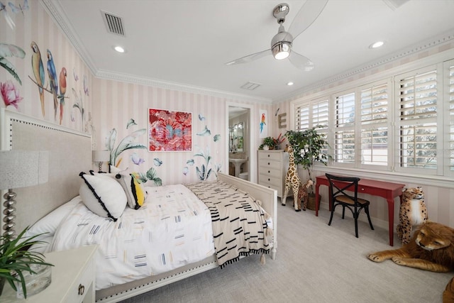 bedroom with visible vents, ornamental molding, a ceiling fan, light carpet, and wallpapered walls