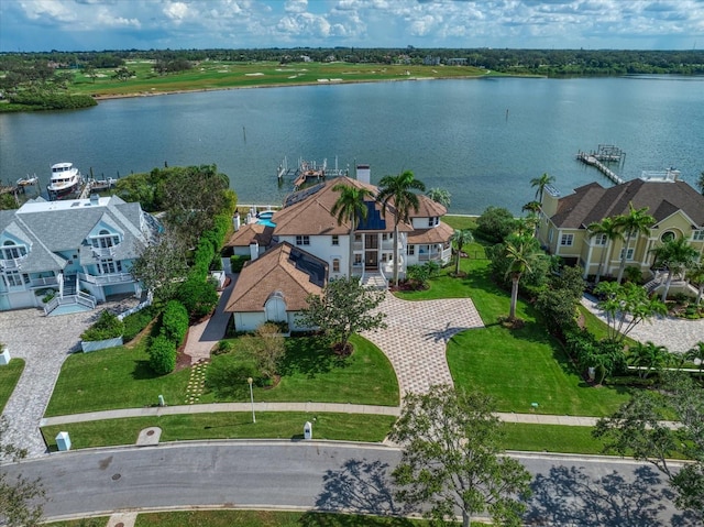 aerial view with a water view and a residential view