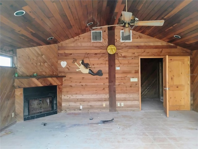 unfurnished living room featuring a fireplace, wooden walls, and wooden ceiling