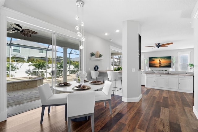 dining space with ceiling fan, plenty of natural light, and dark hardwood / wood-style flooring