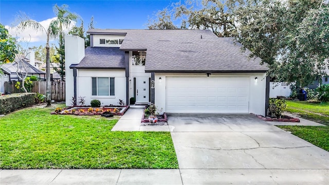 front facade with a front yard and a garage