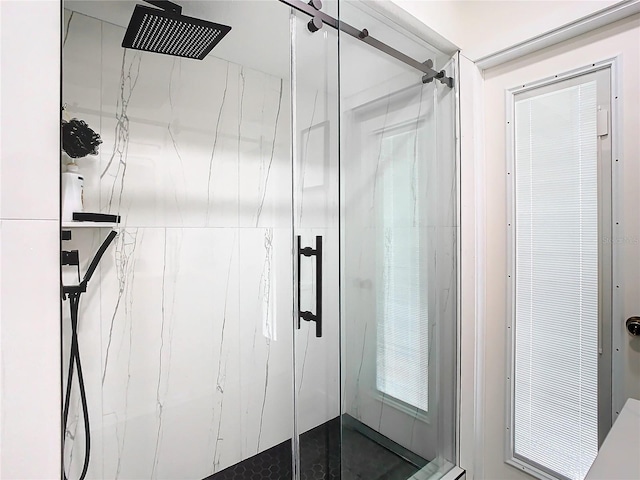 bathroom featuring a shower with shower door