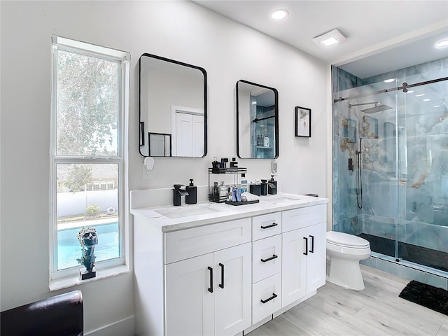 bathroom featuring toilet, vanity, wood-type flooring, and a shower with door