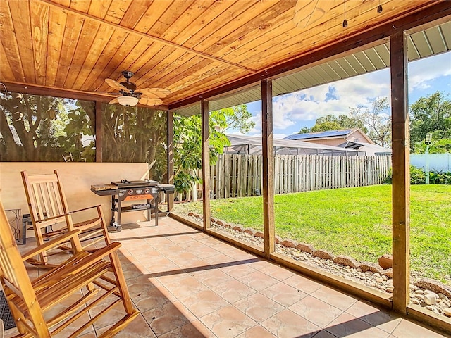 unfurnished sunroom with wooden ceiling and ceiling fan