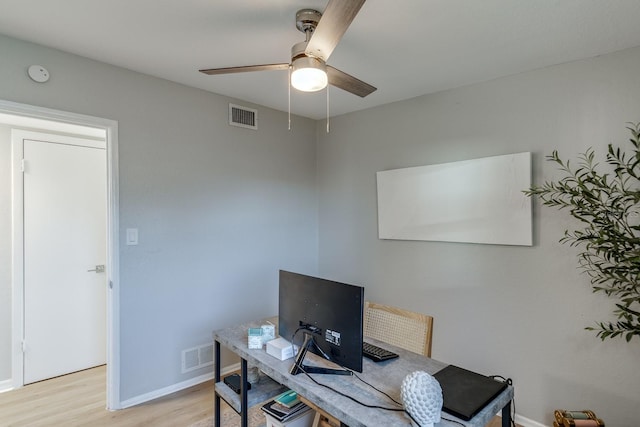 home office with ceiling fan and light hardwood / wood-style flooring