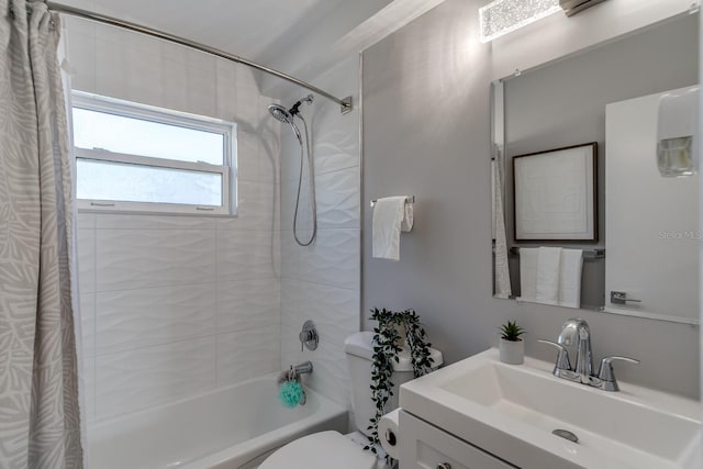 full bathroom with shower / bath combo with shower curtain, toilet, and vanity