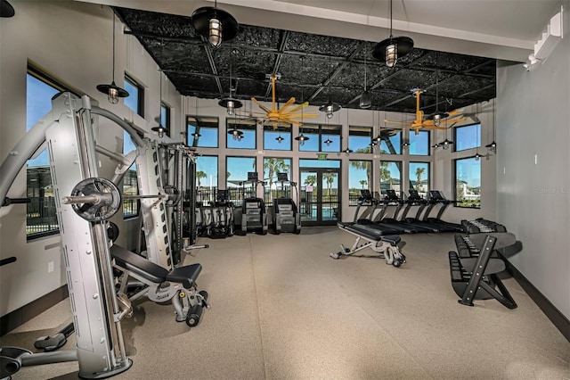 workout area featuring a high ceiling and plenty of natural light