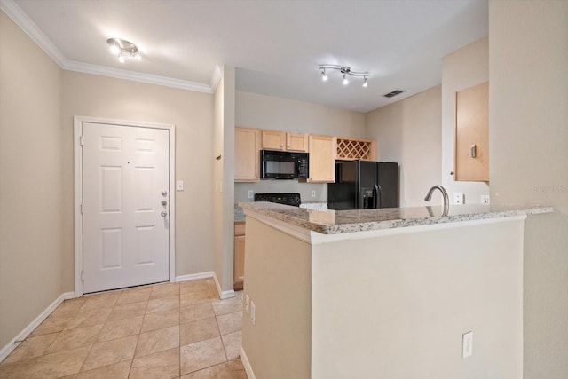 kitchen with kitchen peninsula, light brown cabinets, crown molding, and black appliances