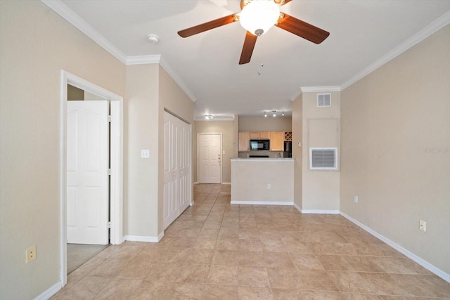 unfurnished living room with ceiling fan and ornamental molding