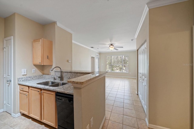 kitchen featuring kitchen peninsula, sink, light brown cabinets, light tile patterned floors, and black dishwasher