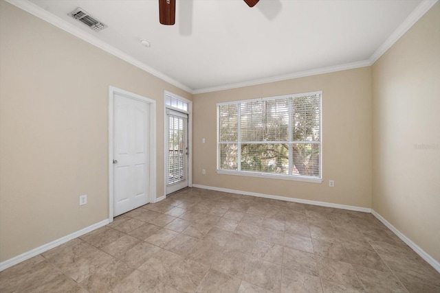 unfurnished bedroom with ceiling fan and ornamental molding