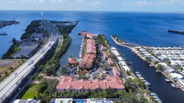 bird's eye view with a water view