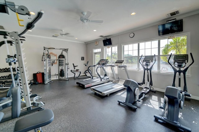 gym featuring ceiling fan and ornamental molding