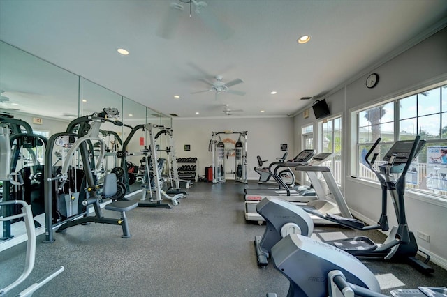 exercise room featuring ceiling fan and crown molding