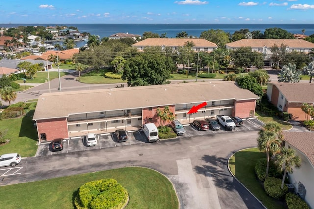 drone / aerial view featuring a water view