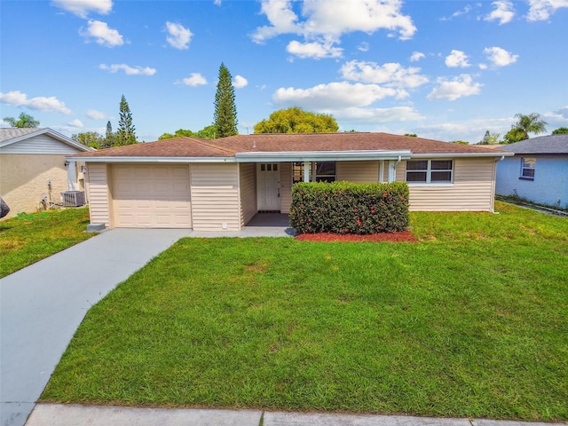 ranch-style house with a front lawn, central AC unit, and a garage