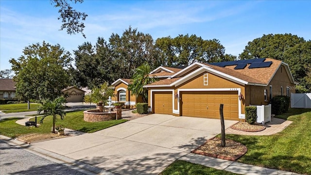 ranch-style home featuring solar panels, a front lawn, a garage, and central AC unit