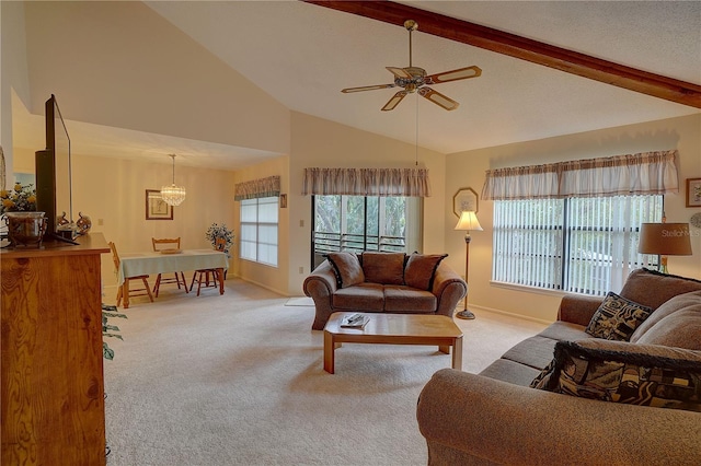 1106 Lennox Rd W, W, Palm Harbor, FL 34683 - living area featuring carpet floors, beamed ceiling, ceiling fan, a chandelier, and baseboards