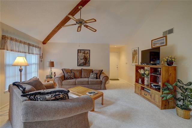 living room featuring light carpet, high vaulted ceiling, and ceiling fan