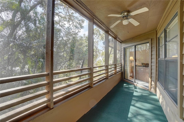 unfurnished sunroom featuring ceiling fan and a healthy amount of sunlight