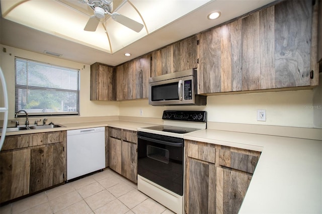 kitchen with visible vents, white appliances, ceiling fan, recessed lighting, and light tile patterned floors