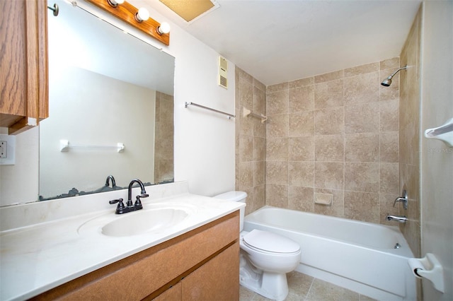 full bathroom with shower / bathtub combination, vanity, toilet, and visible vents