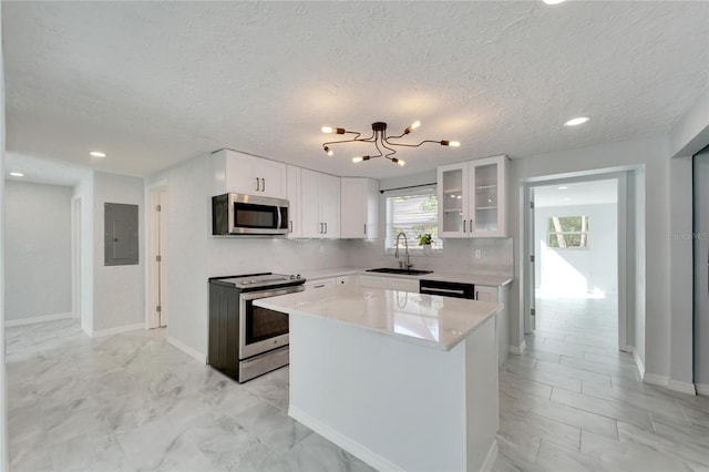 kitchen featuring white cabinetry, a center island, sink, electric panel, and appliances with stainless steel finishes