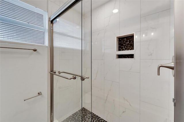 bathroom featuring a shower with shower door