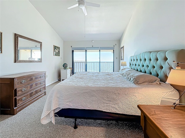 carpeted bedroom with access to exterior, vaulted ceiling, baseboards, and a ceiling fan