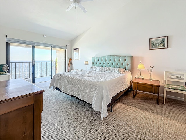 carpeted bedroom featuring access to exterior, lofted ceiling, ceiling fan, and baseboards