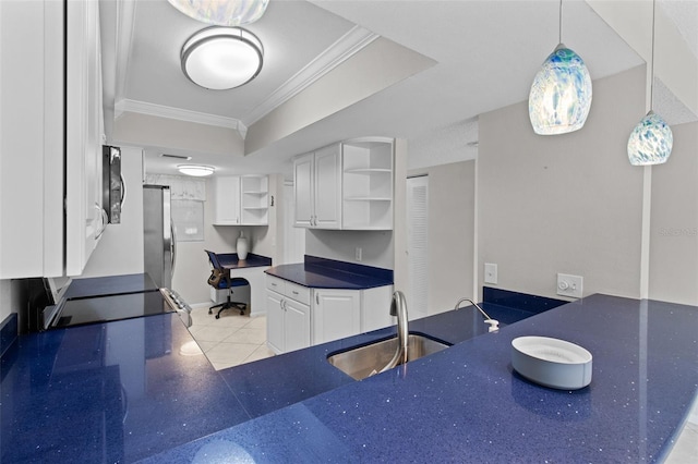 kitchen with black appliances, sink, white cabinets, ornamental molding, and light tile patterned floors