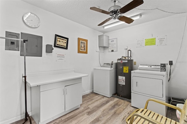 clothes washing area featuring light hardwood / wood-style flooring, separate washer and dryer, a textured ceiling, electric water heater, and electric panel